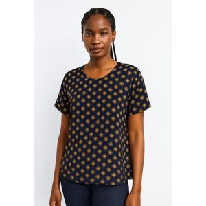 JOIE 100% Silk Blouse Women's Size L Navy Gold Geometric Print Boho